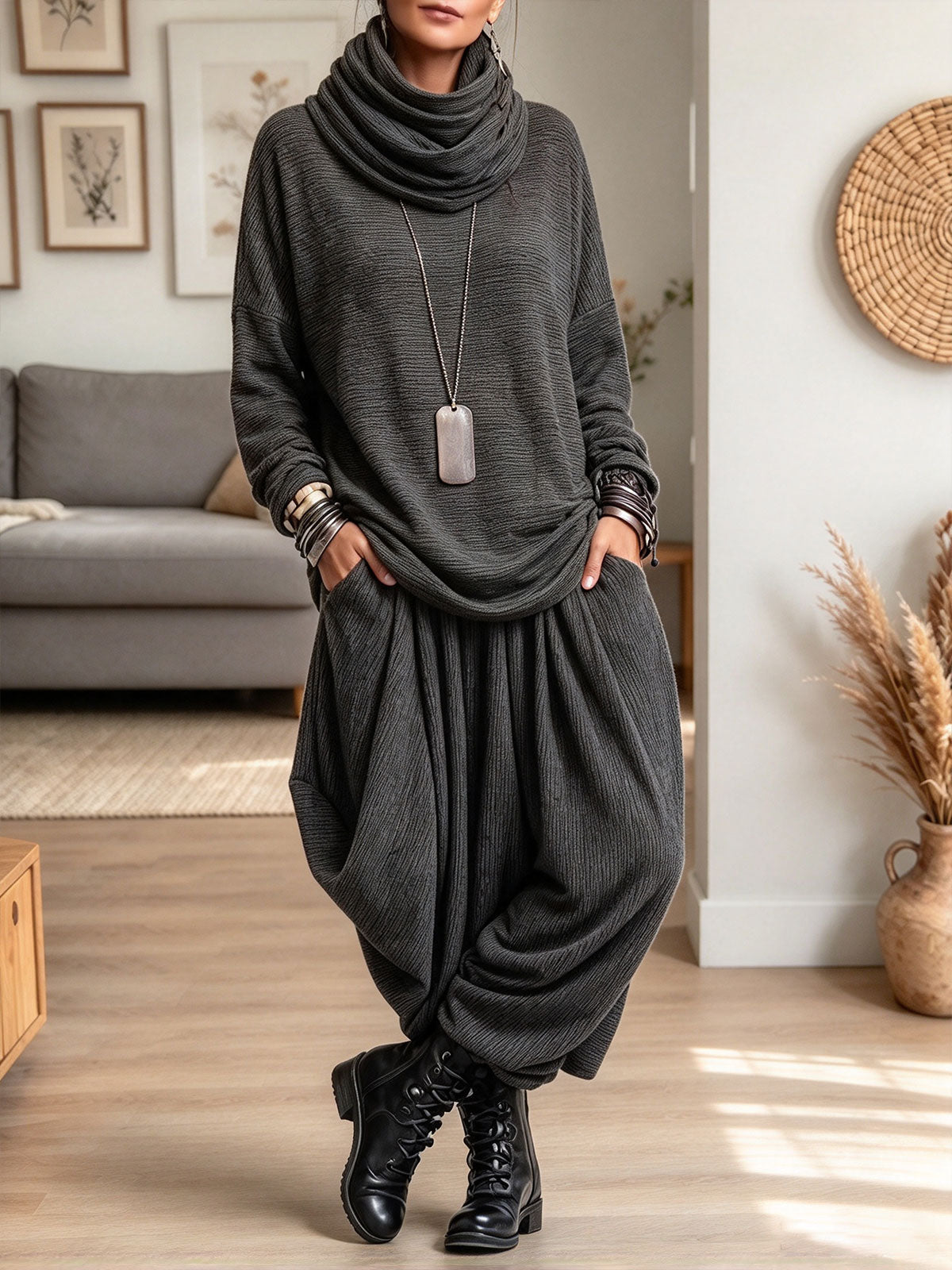 Women Cowl Neck Textured Knit Top & Harem Wide Leg Pants 2 Piece Outfit Set