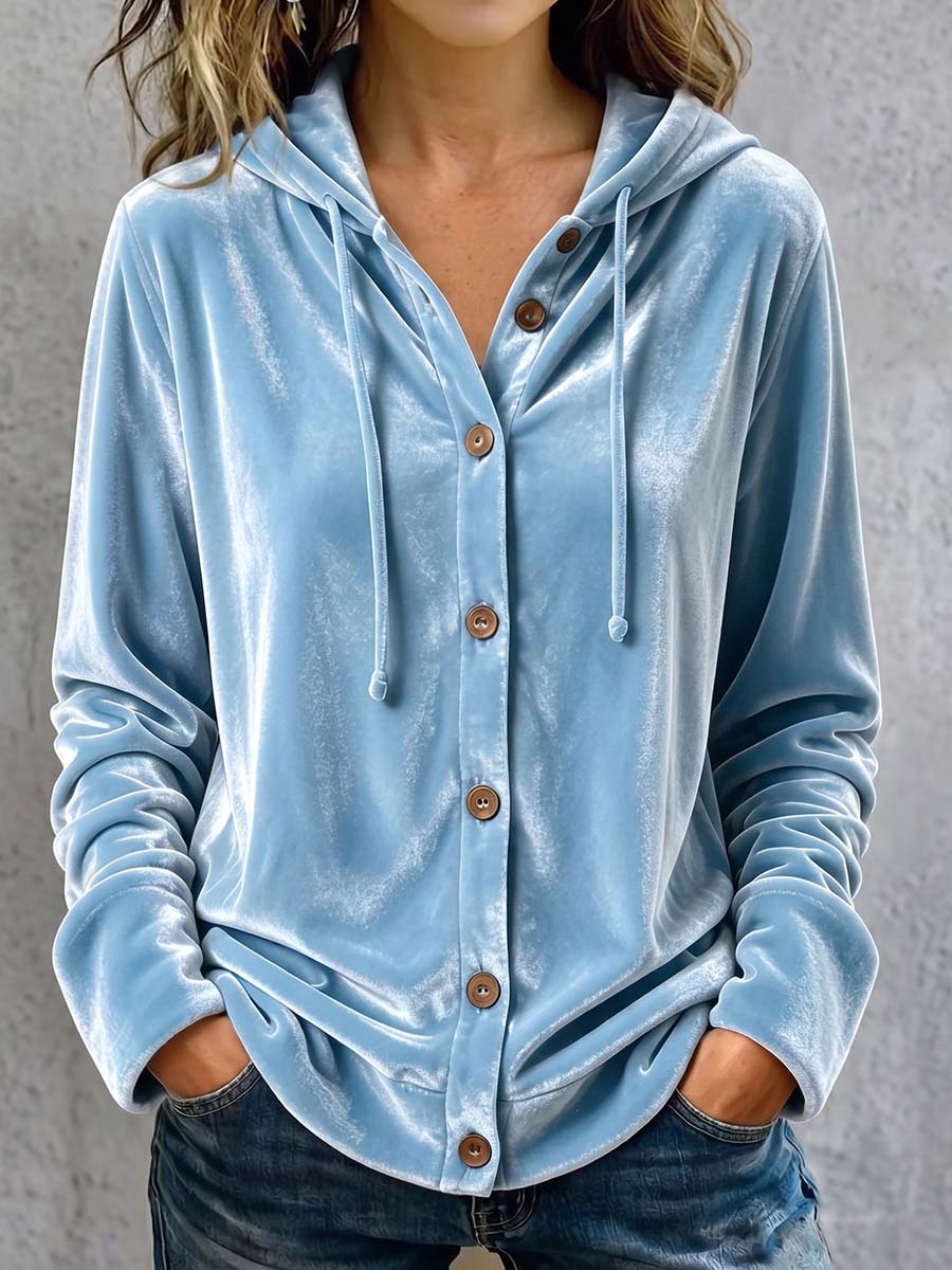 Women's Solid Color Long-sleeved Casual Loose Velvet Hooded Cardigan