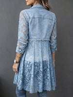 Washed Denim Lapel Dual Chest Pocket Long Sleeve Splice Hollow Lace Mid-length Cardigan Coat
