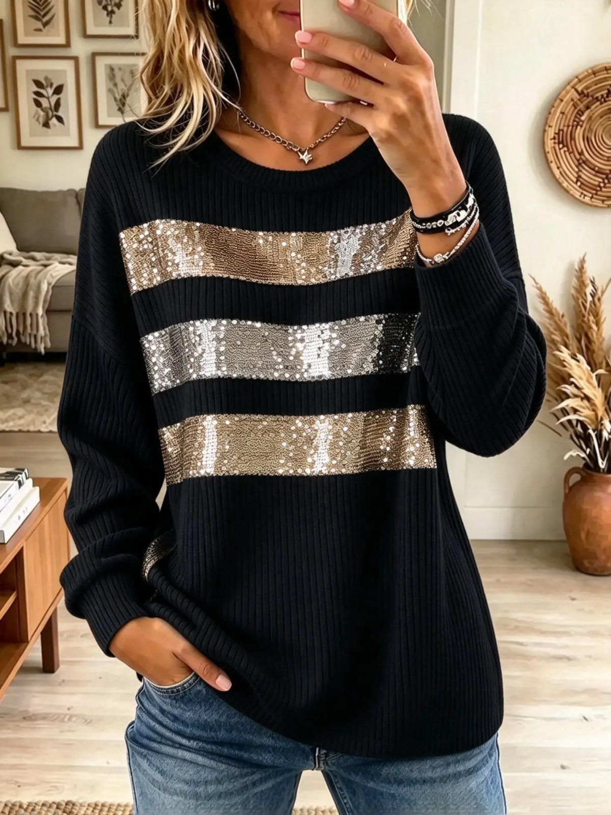 Women's Striped Sequin Prinr Sweater