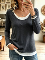 Women's Mustard Yellow Fake Two Piece Long Sleeve Top, Scoop Neck Layered Casual Knit Pullover