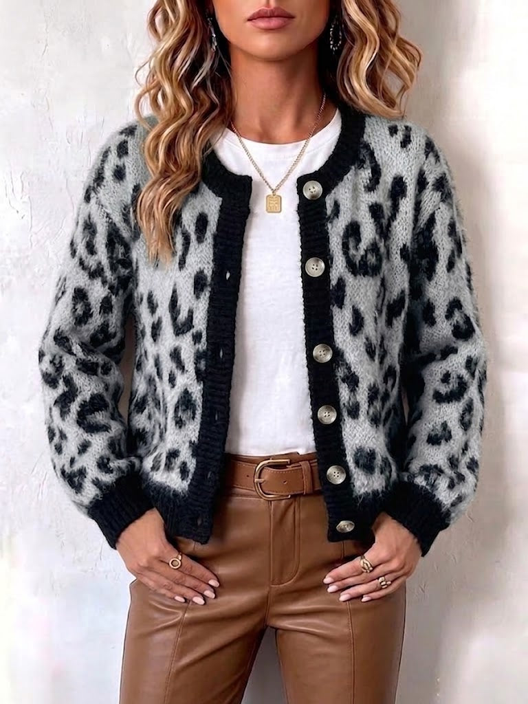 Retro Leopard-print Color-block Jacquard Knit Cardigan