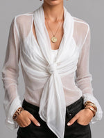 Women's Solid Color V-neck Long Sleeve Casual Loose Chiffon Top