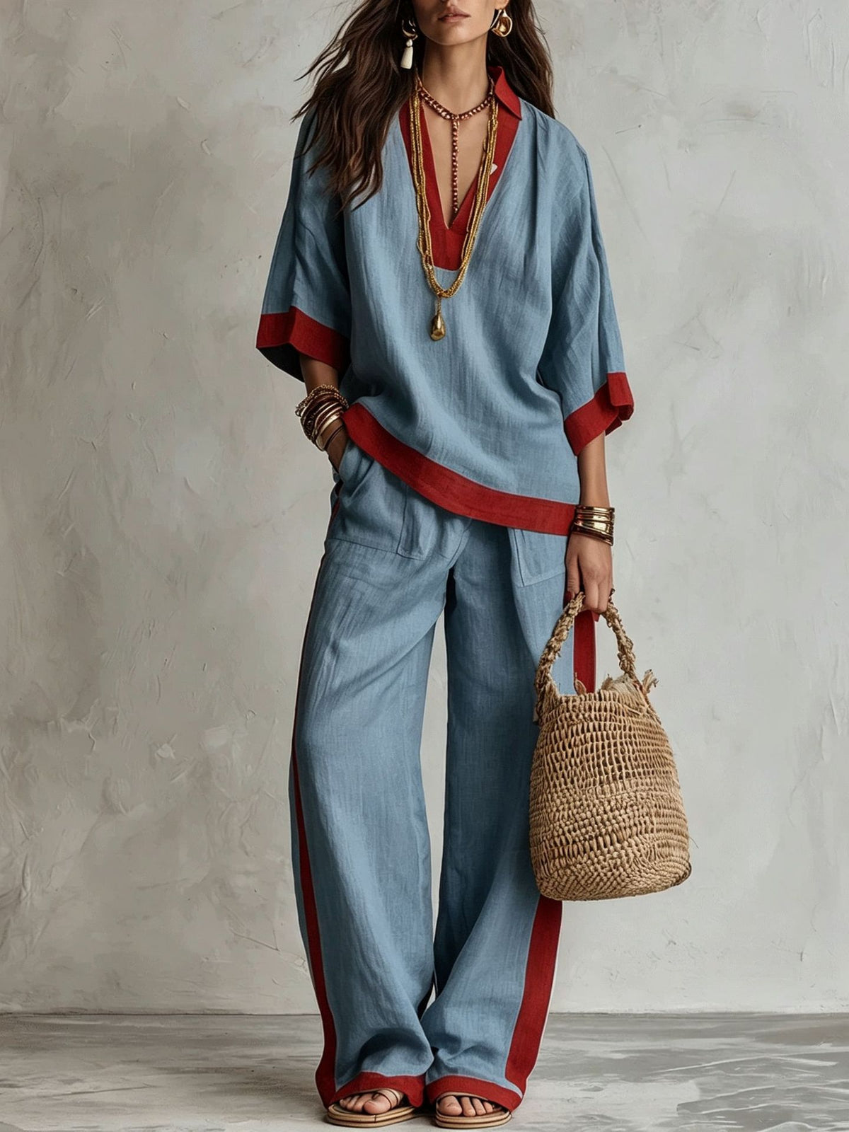 Contrast Trim Linen V-Neck Top & Striped Wide-Leg Pants Two-Piece Set