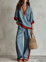 Contrast Trim Linen V-Neck Top & Striped Wide-Leg Pants Two-Piece Set