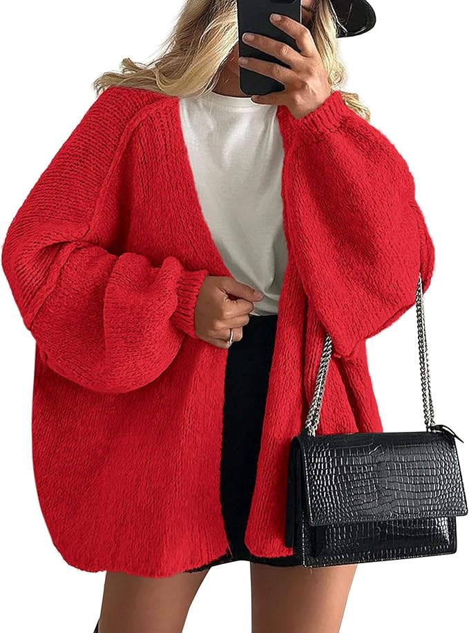Long Lantern Sleeve Knit Open Front Lightweight Sweater