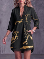 Women's Abstract Print V-neck 3/4 Sleeve Casual Loose Cotton Linen Dress