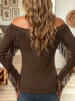 Women's Off Shoulder Fringe Long Sleeve Slim Fit Casual T-Shirt Chic Boho Tee Tops