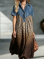 Women’s Denim Spliced Gradient Leopard Print Shirt Midi Dress