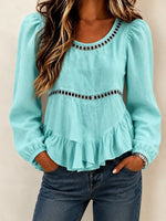 Romantic Linen-Blend Peplum Blouse – Cut-Out Trim & Ruffled Hem