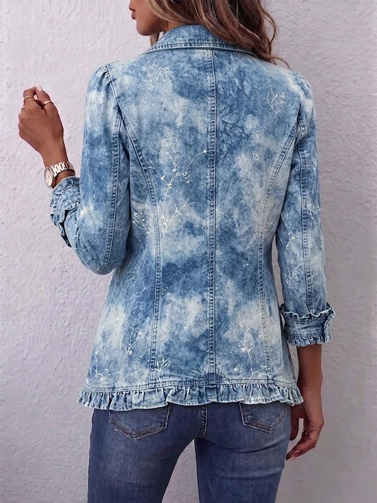 Boho-style Blue Gradient Vintage Botanical Print Ruffle-detail Jacket