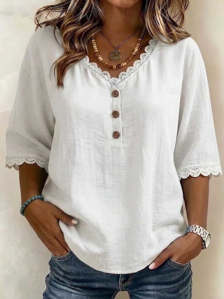 Lace Trim V-neck Half Placket Wooden Button Loose 3/4 Sleeve Linen Blend Top