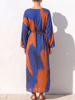 Women's Abstract Print Round Neck Long Sleeve Casual Loose Cotton Linen Dress