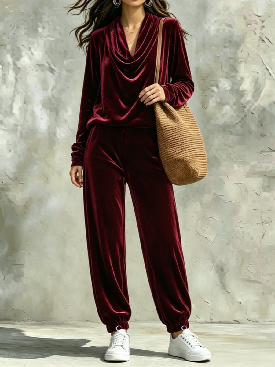 Comfortable And Casual Velvet Cowl-neck Top And Trousers Two-piece Set