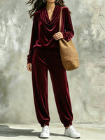 Comfortable And Casual Velvet Cowl-neck Top And Trousers Two-piece Set