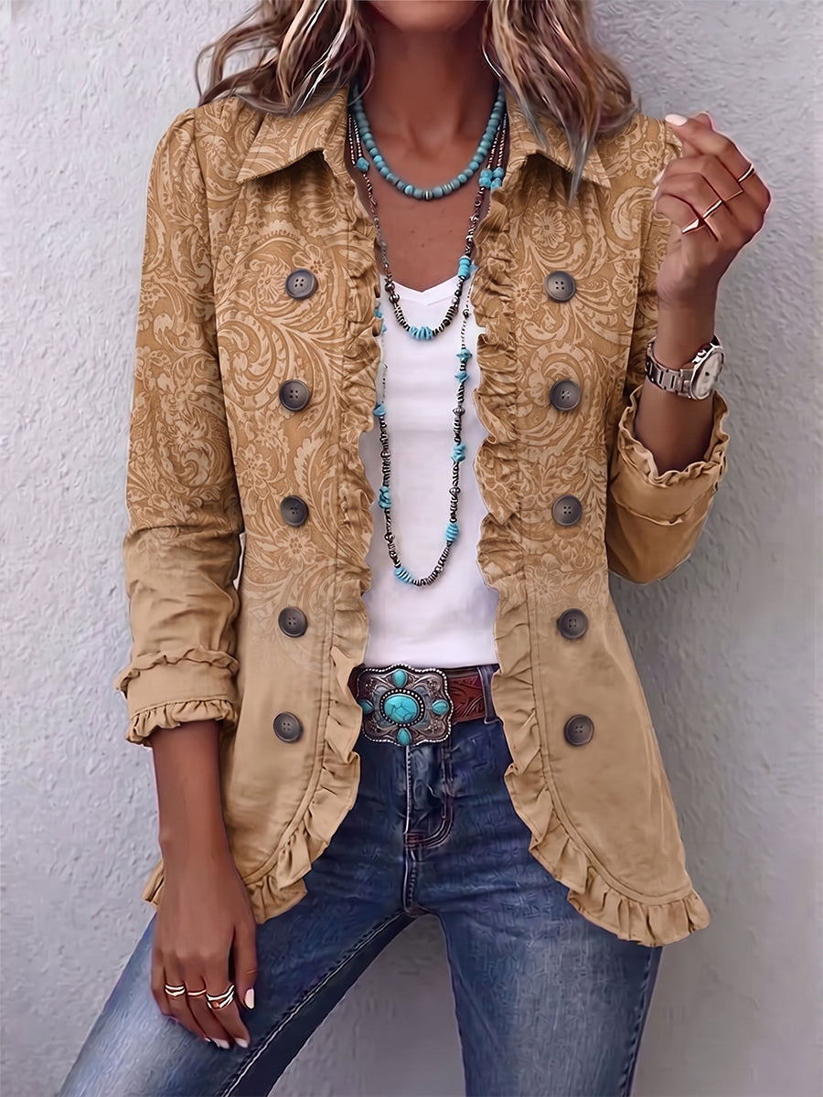 Western Pattern Print Linen Blend Ruffle Jacket