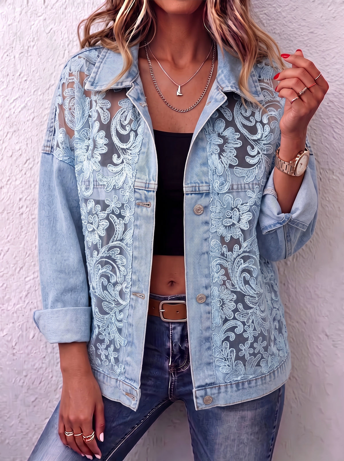 Vintage Sheer Floral Lace Patchwork Denim Jacket