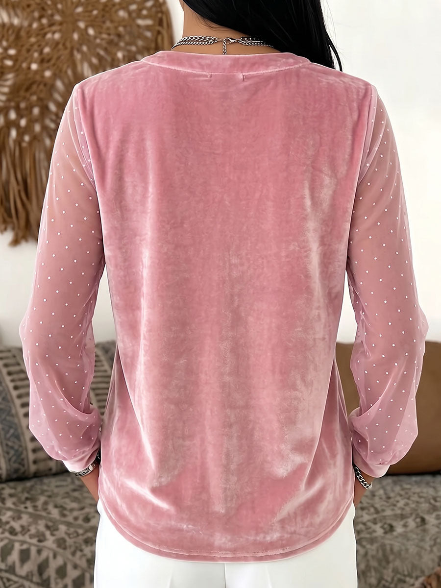 Women's Solid Color V-neck Long Sleeve Casual Loose Mesh And Velvet Patchwork Top
