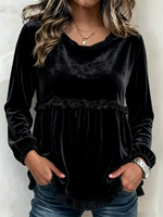 Round Neck Fringe Trim Spliced Velvet Lantern Long Sleeve Babydoll Top