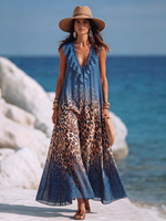 Vacation Party Sexy Leopard Print V-Neck Ruffled Blue Dress