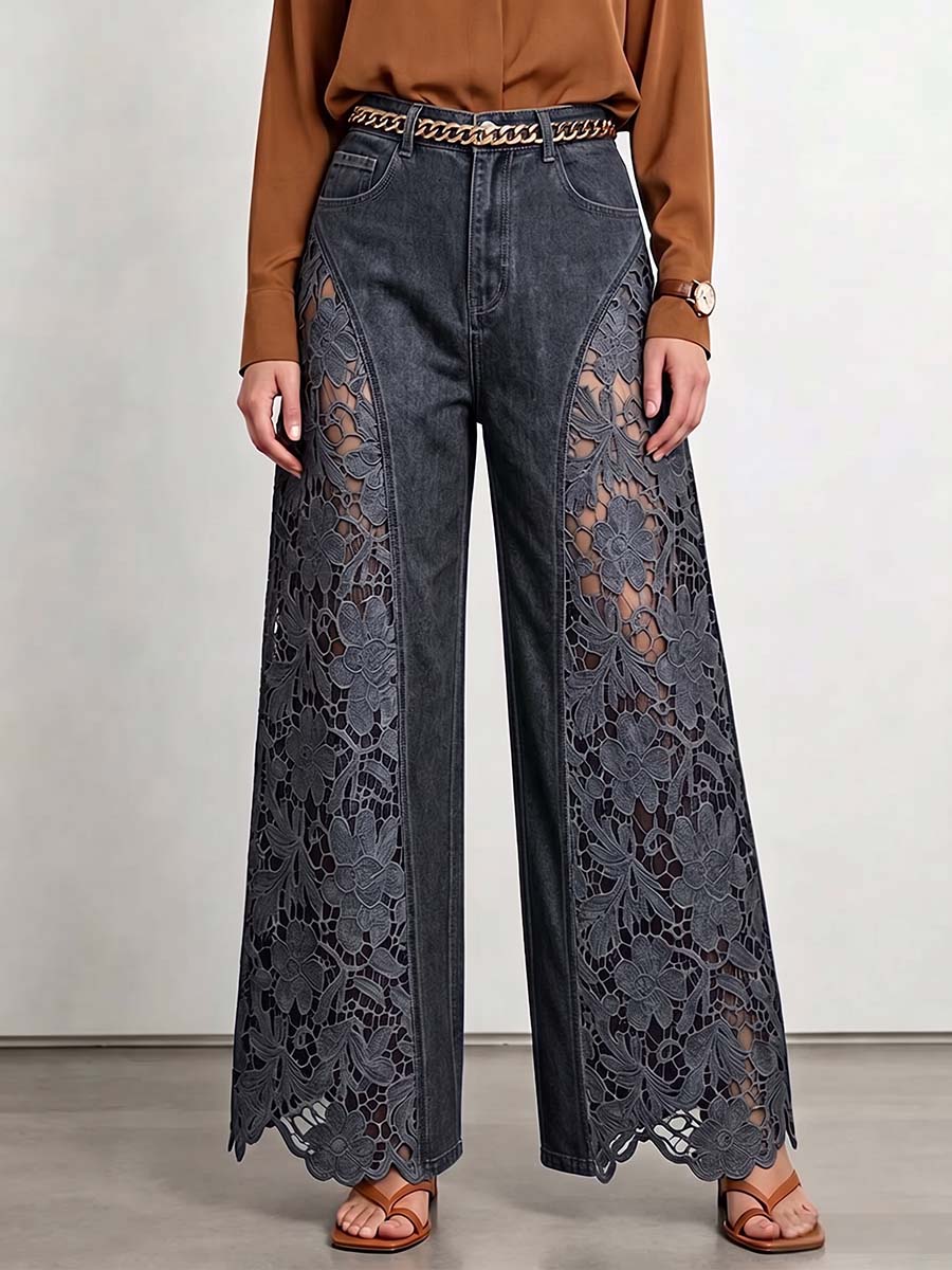 Women's High-waisted Loose-fit Embroidered & Paneled Wide-leg Jeans