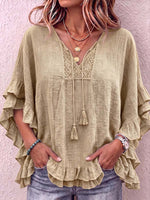 Women's V-neck Tie-waist 3/4 Sleeve Casual Loose Cotton Linen Top
