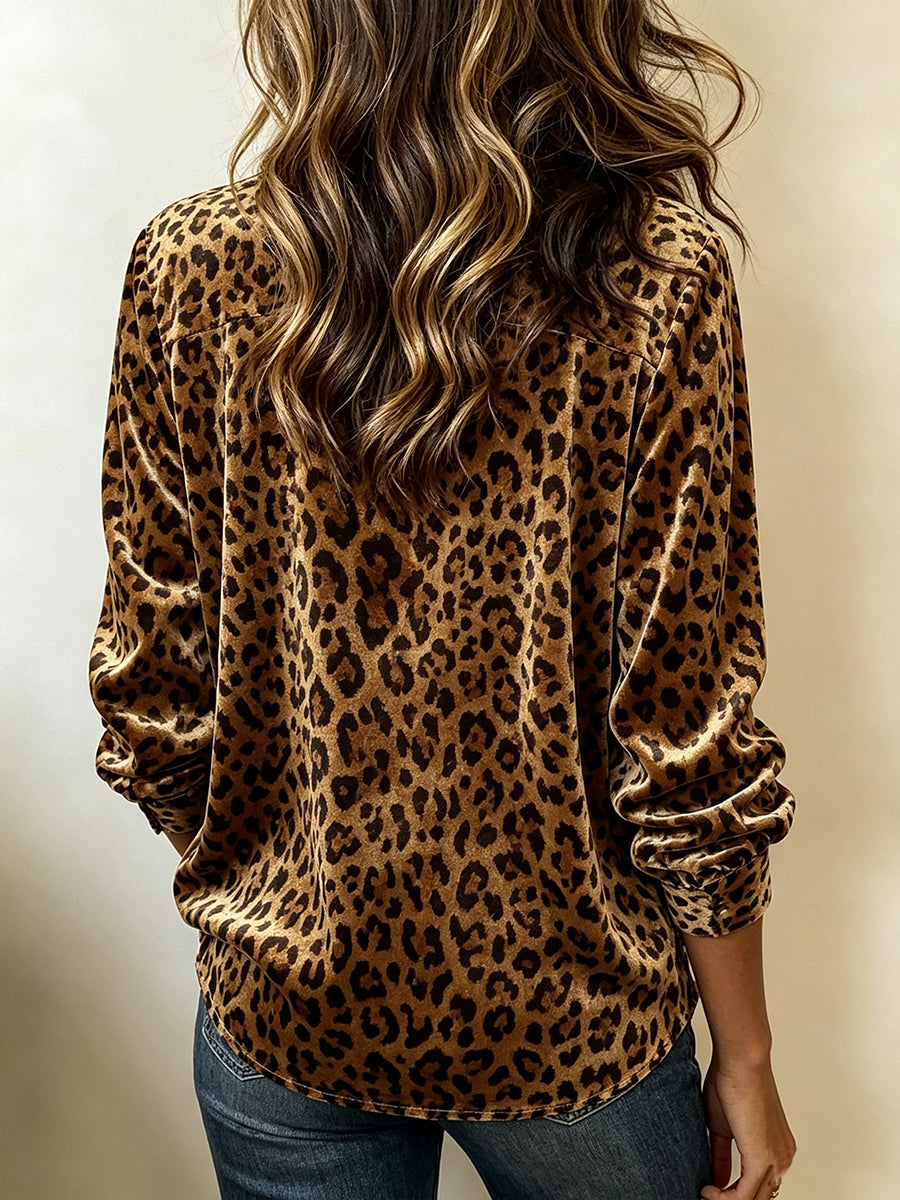 Fierce Velvet Leopard Print Button-Down Blouse
