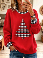 Red Waffle Knit Christmas Tree Buffalo Plaid Cuff Sweatshirt