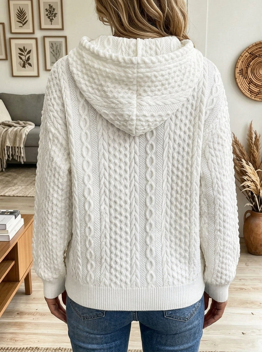 Women's Cable Knit Hooded Sweater, Drawstring Long Sleeve Loose Knit Pullover Hoodie
