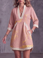 Women's Abstract Print V-neck 3/4 Sleeve Casual Loose Cotton Linen Dress