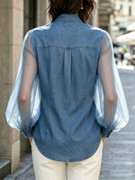 Sheer Organza Sleeve Bow Tie Denim Blouse