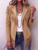 Women's Solid Color Lapel Long-sleeved Casual Loose Tassel Jacket