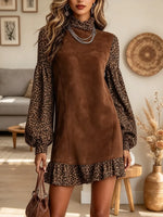 Women's Leopard Contrast Suede Babydoll Mini Dress