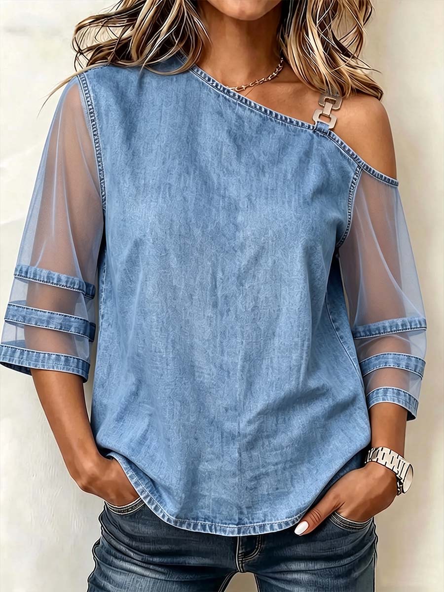 Women's Off-shoulder Neckline 3/4 Sleeves Casual Loose Denim Patchwork Mesh Top