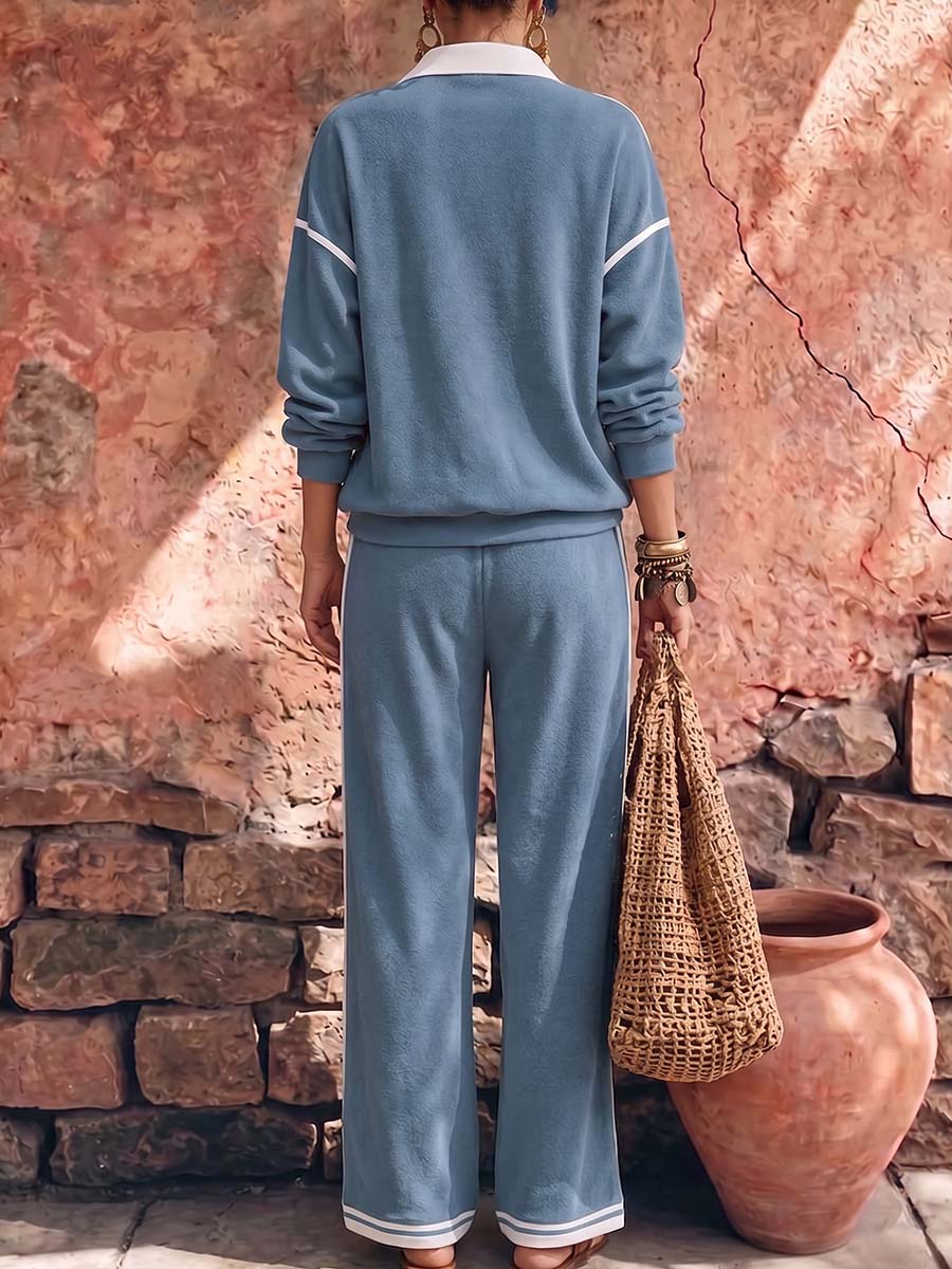 Women's Collared Long-sleeved Casual Loose Pullover Top And High-waisted Wide-leg Pants Suit