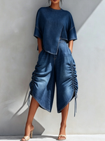 Chic Ruched-side Cropped Denim Wide-leg Culottes
