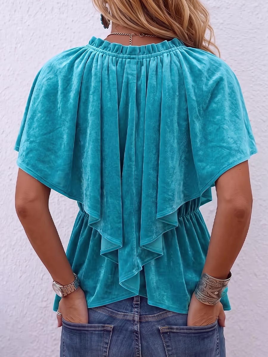 Women's Solid Color V-neck Short-sleeved Casual Loose Velvet Top