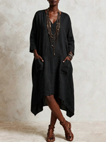 Casual V-neck Cotton-linen Dress With 3/4 Sleeves And An Asymmetrical Hem