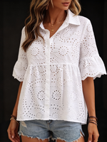 Romantic Breezy White Eyelet Button-up Blouse