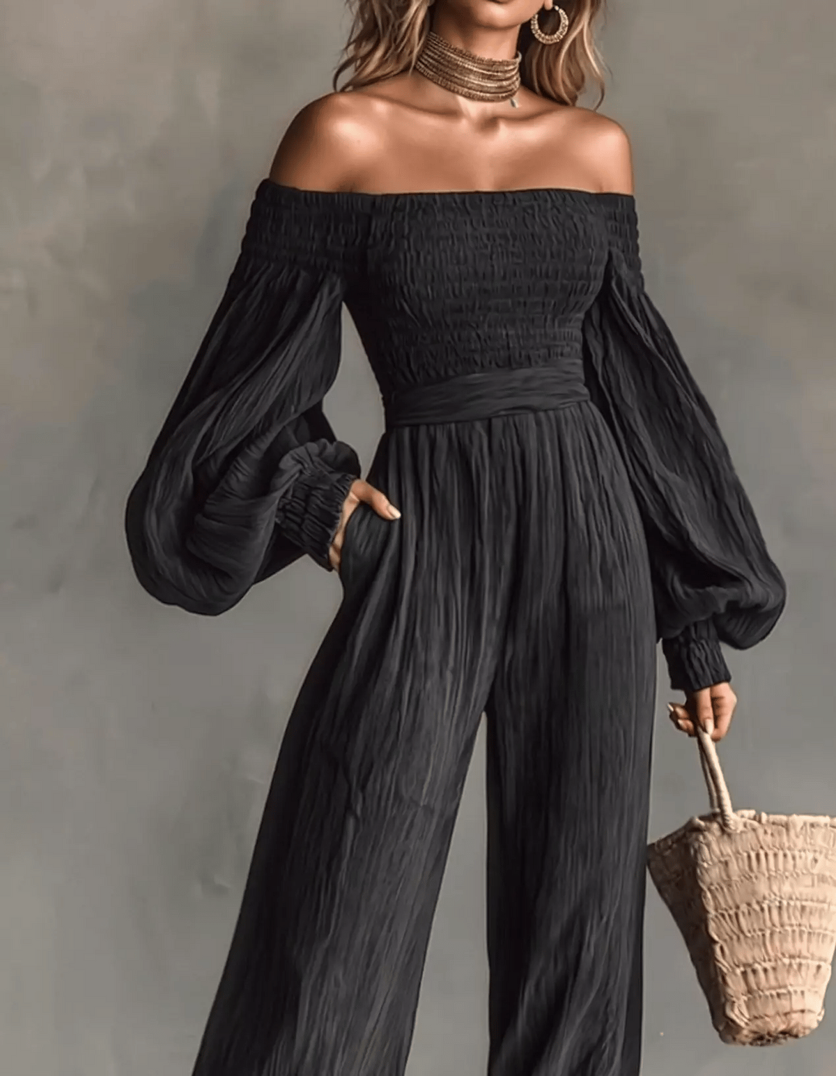 Women's Off-shoulder Long-sleeved Pleated Fabric Solid Color Jumpsuit