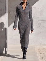 Women's Solid Color Collared Long Sleeve Casual Loose Knit Dress