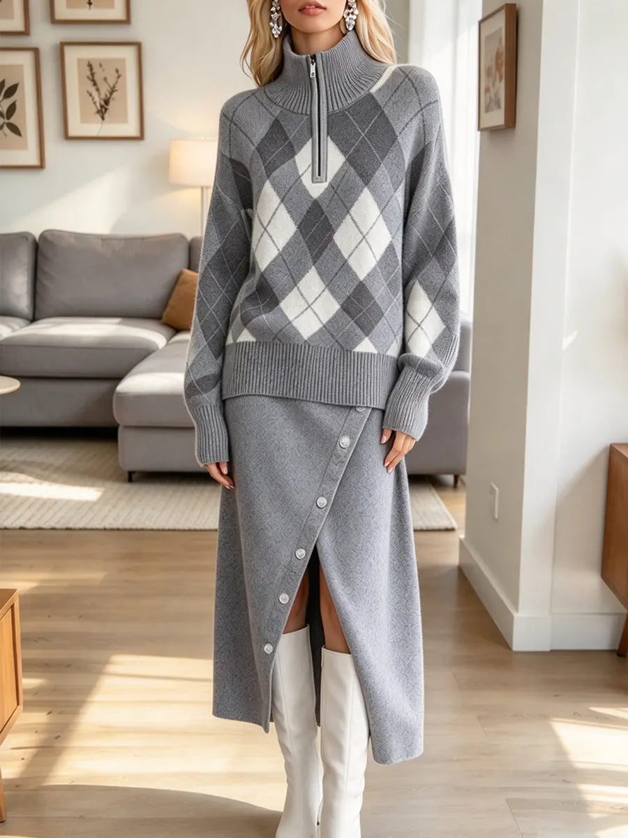 Vintage Plaid Pattern Art Casual Stylish Sweater And Knitted Skirt Two-piece Set