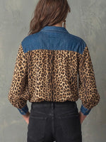 Stylish Casual Denim and Leopard Print Half-Zip Top