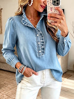 Romantic Ruffled Trim Washed Denim Blouse