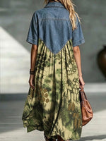 Denim Collar Camo Snake Print Spliced Loose Short Sleeve Midi Dress