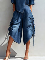 Chic Ruched-side Cropped Denim Wide-leg Culottes