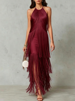 Halter Multi-layer Fringe Fitted Sleeveless Maxi Evening Dress