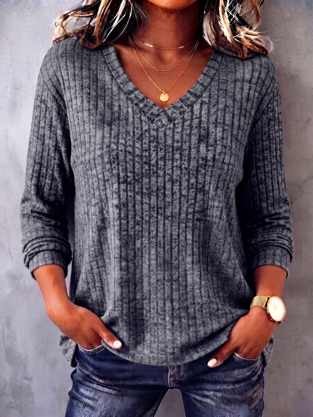 Casual Cozy V-neck Ribbed Knit Top