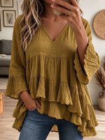 Women Blue Cotton Linen Tiered Ruffle Bell Sleeve Loose Babydoll Blouse