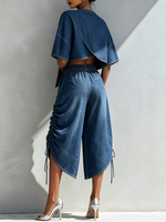 Chic Ruched-side Cropped Denim Wide-leg Culottes